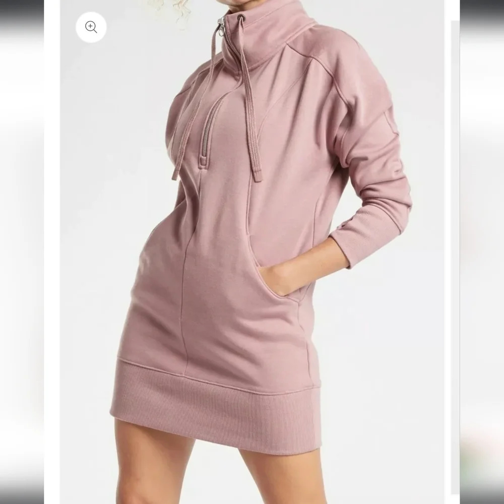 ATHLETA sz S Cozy Karma 1/4 Zip Sweater Dress Tunic  Fleece Lined Floral Mauve - Picture 2 of 16